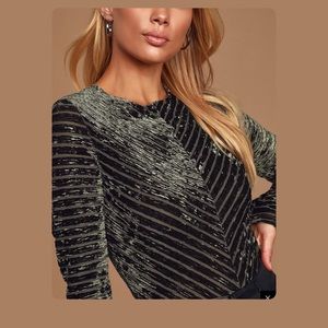 Lulus Save the Date Olive Green Velvet Striped Long Sleeve Bodysuit